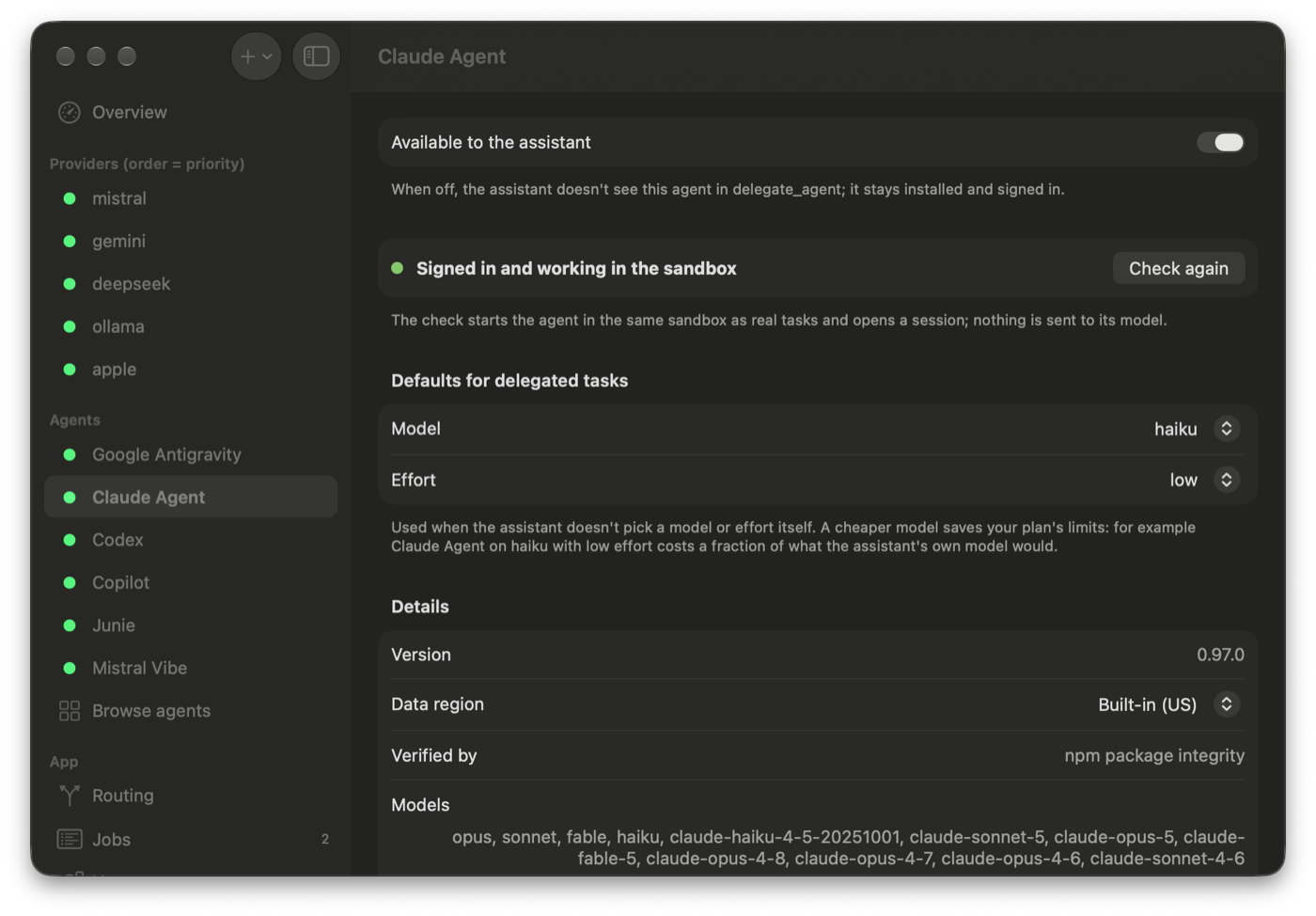 An agent page: signed in and working in the sandbox, default model haiku with low effort