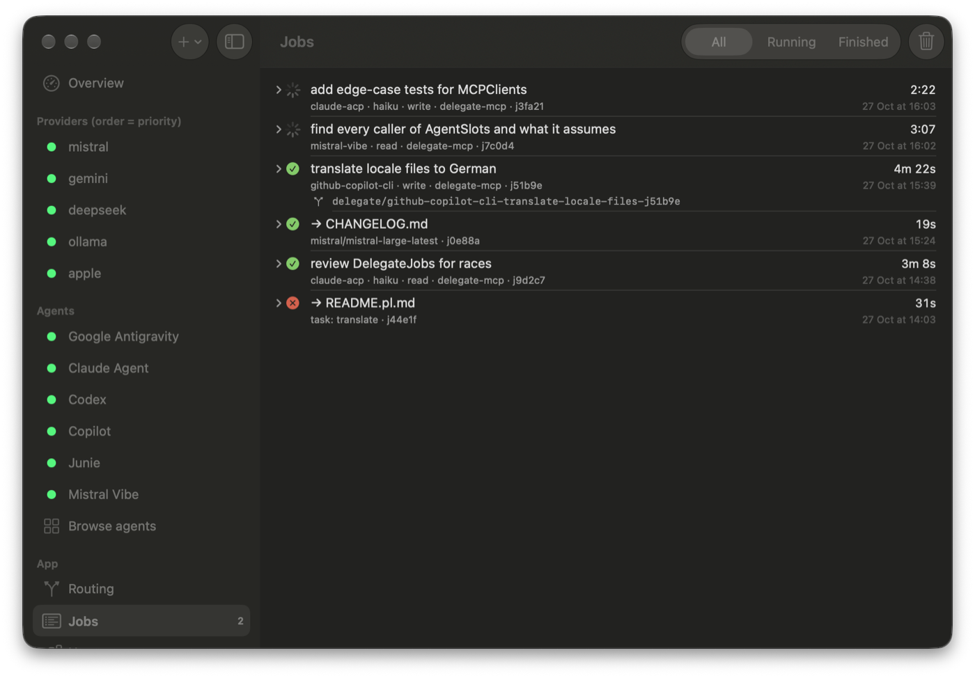 The Jobs tab: two agents running, a finished agent branch, model jobs and one failure