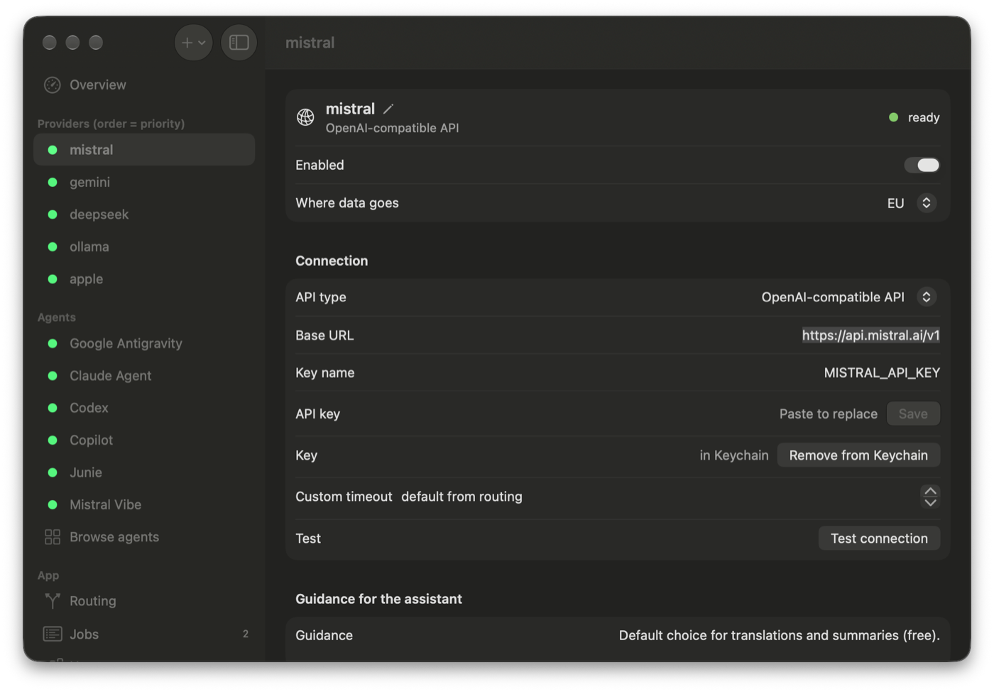 Provider settings: data region, connection, key in Keychain and guidance for the assistant