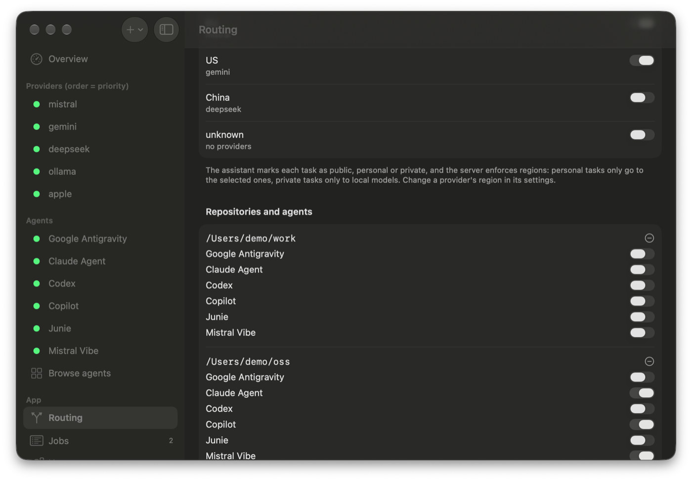 The Routing tab: data regions and which agents may work on which repository